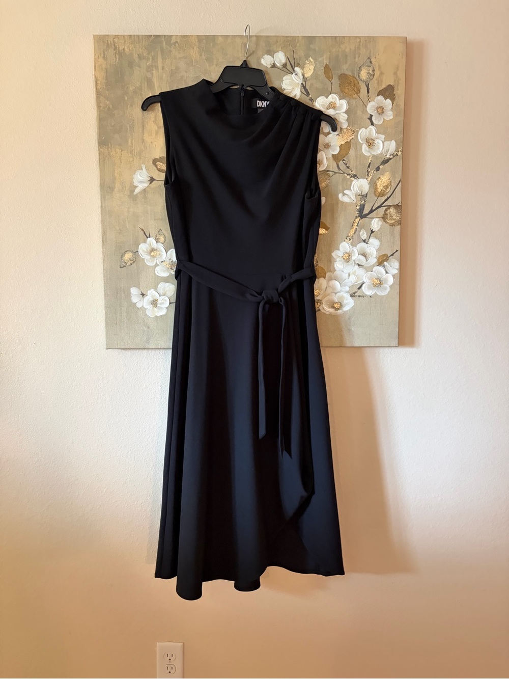 DKNY Black Sleeveless Midi Dress with Waist Tie asymmetrical